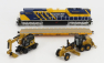 Dm-models Caterpillar Ho - Progress Rail Train Set - Sd70ace Locomotive With Trailer Train + Cat12m3 Ruspa Livellatrice Gommata - Scraper Tractor Motor Grader - Catm323f Escavatore Gommato Su Rotaie Ferroviarie - Tractor Hydraulic Excavator Scraper 1:87 Yellow Black