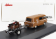 Schuco Barkas B1000 Van Werkstatt Service 1965 s prívesom + 2x motocykel 1:43 svetlohnedý