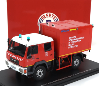 Alerte MAN Le 14.220 Truck Double Cabine Bemaex Grimp Sdis 77 Sapeurs Pompiers Groupe Reconnaissance Intervention Milieu Perilleux 2004 1:43 červená biela žltá