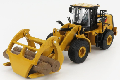 Dm-models Caterpillar Cat950m Ruspa Gommata - škrabací traktor kolesový nakladač s vidlicami na kmene 1:64 žltá čierna