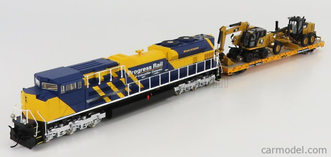 Dm-models Caterpillar Ho - Progress Rail Train Set - Sd70ace Locomotive With Trailer Train + Cat12m3 Ruspa Livellatrice Gommata - Scraper Tractor Motor Grader - Catm323f Escavatore Gommato Su Rotaie Ferroviarie - Tractor Hydraulic Excavator Scraper 1:87 Yellow Black