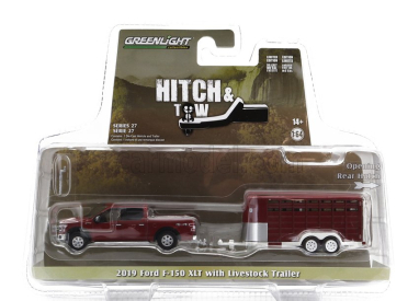 Greenlight Ford usa F-150 Xlt Pick-up 2019 s prívesom pre hospodárske zvieratá 1:64 Červená strieborná