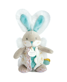 Hračka Doudou Bunny s hrkálkou a držiakom na cumlík 21 cm tyrkysová