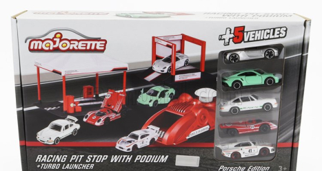 Majorette Porsche Set Area Service Canopy + Podio Podium + Lanciatore + 5x Porsche 1:64 Various