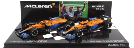 Minichamps Mclaren F1 Set 2x Coffret Mcl35l Mercedes M12 Eq Power+ Team Mclaren N 3 Winner Italy Gp 2021 Daniel Ricciardo + N 4 2nd Italy Gp 2021 Lando Norris 1:43 Orange Light Blue