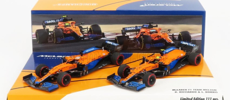 Minichamps Mclaren F1 Set 2x Mcl35l Mercedes M12 Eq Power+ Team Mclaren N 3 Sezóna 2021 Daniel Ricciardo + N 4 Sezóna 2021 Lando Norris 1:43 Oranžová svetlo modrá