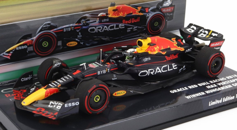 Minichamps Red bull F1 Rb18 Team Oracle Red Bull Racing N 1 Majster sveta Víťaz Hungarian Gp 2022 Max Verstappen 1:43 Matná modrá žltá červená