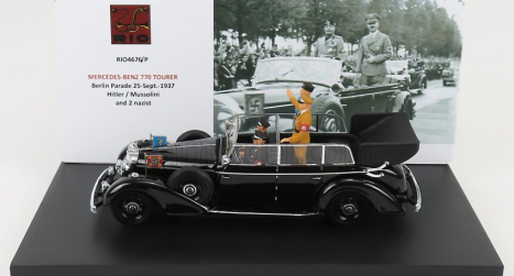 Rio-models Mercedes Benz 770 Tourer Berlínska prehliadka 25. septembra 1937 - s figúrkami Hitlera Mussoliniho a 2x nacistov 1:43 čierna