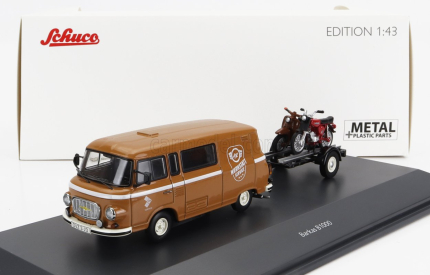 Schuco Barkas B1000 Van Werkstatt Service 1965 s prívesom + 2x motocykel 1:43 svetlohnedý