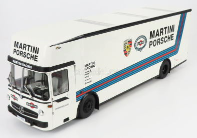 Schuco Mercedes benz O317 Truck Car Transporter Porsche Martini Racing 1968 1:18 bielo modrá