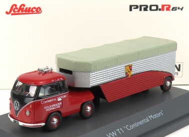 Schuco Volkswagen T1b Continental Motors Porsche Car Transporter 1962 1:64 Červená čierna strieborná