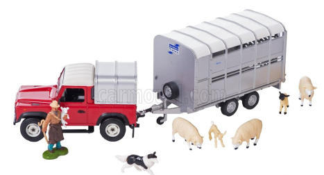 Britský Land rover Land Defender 90 Pick-up Closed 1984 With Livestock Trailer - Trasporto Animali Bestiame 1:32 Red Silver