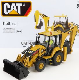 Dm-models Caterpillar Cat432f2 Ruspa Gommata Con Escavatore - Exkavátor a škrabací traktor - kolesový nakladač 1:50 žltá čierna