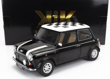 Mini Cooper Rhd 1992 so šachovnicovou vlajkou v mierke 1:12 čierna biela