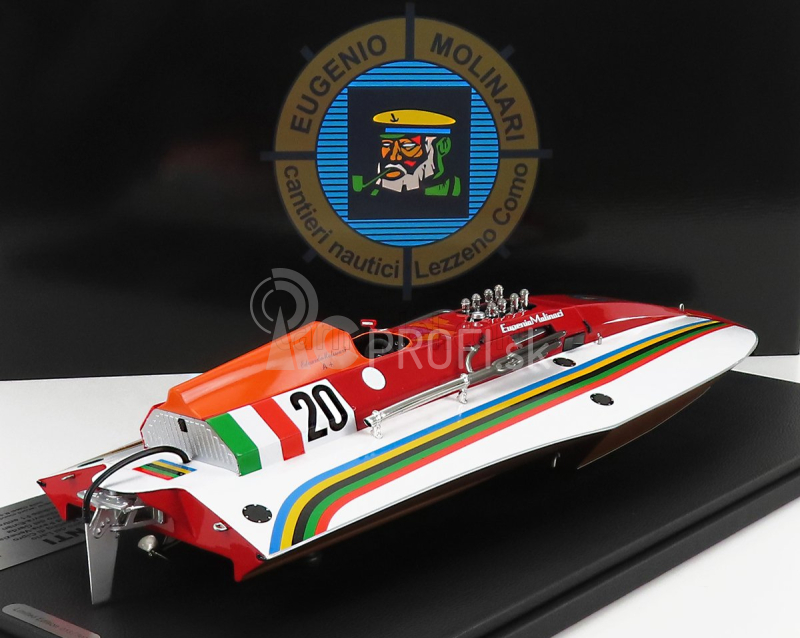 Bbr-models Molinari Offshore Motoscafo 4 Punti N 20 Edoardo Molinari Víťaz Giro Del Lario - Meeting Di Cipro - Raid Pavia-venezia - Giro Del Garda - Ginevra-evian - F1 Entrobordo Majster sveta 1980 1:18 Červená biela oranžová