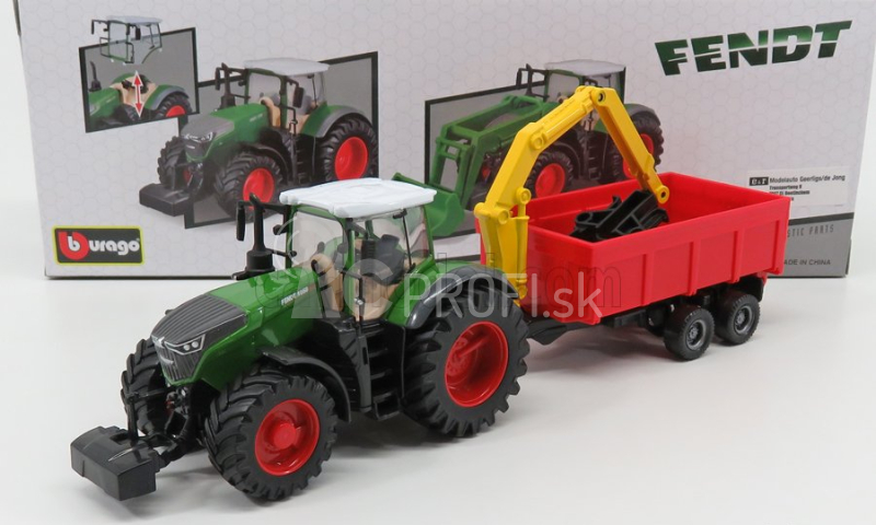 Bburago Fendt Vario 1000 Tractor With Crane And Trailer 2016 1:50 zeleno-sivo-červená