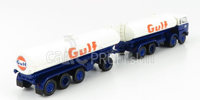 Brekina plast Fiat 690 Millepiedi Tanker Truck Gulf 1960 1:87 Modrá biela