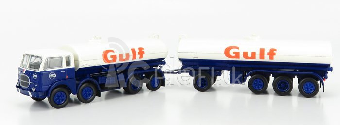 Brekina plast Fiat 690 Millepiedi Tanker Truck Gulf 1960 1:87 Modrá biela