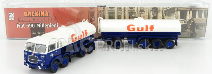 Brekina plast Fiat 690 Millepiedi Tanker Truck Gulf 1960 1:87 Modrá biela