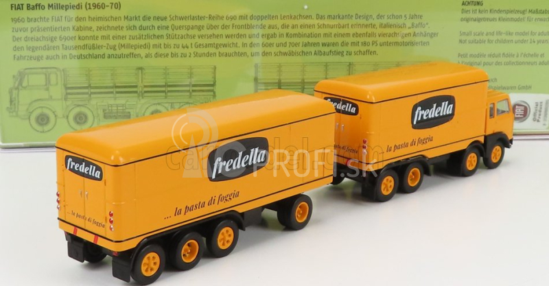 Brekina plast Fiat 690 Truck Millepiedi 4-assi Fredella La Pasta Di Foggia 1961 1:87 žltá čierna