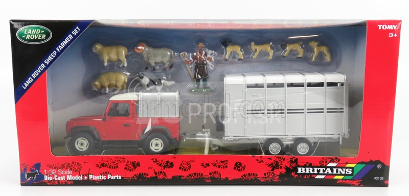 Britský Land rover Land Defender 90 Pick-up Closed 1984 With Livestock Trailer - Trasporto Animali Bestiame 1:32 Red Silver