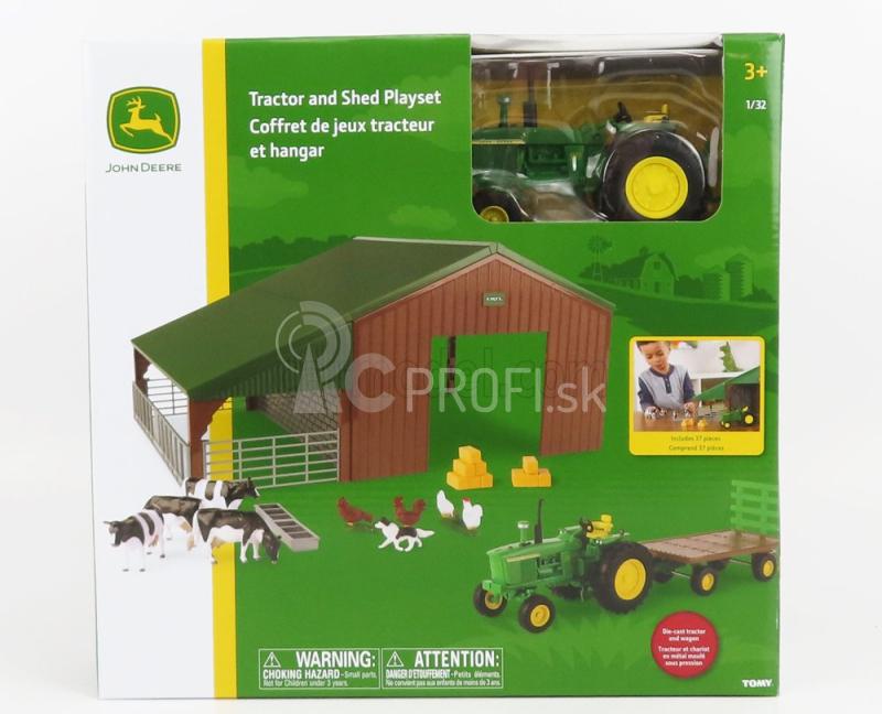 Britský traktor John deere 4020 1968 so zvieratami a farmárskou budovou - Dioráma Stalla Con Animali 1:32 Zelená