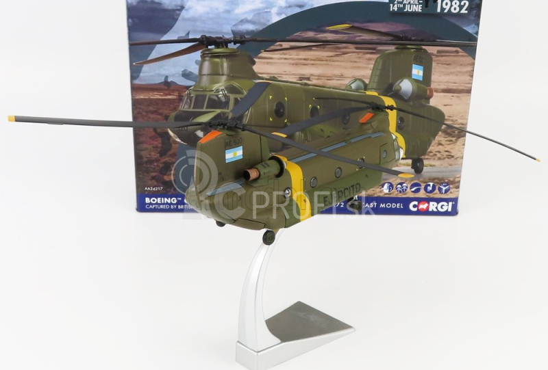 Corgi Boeing Ch-47 Chinook Helicopter Ae-520 Argentínska armáda Falklandská vojna 1982 1:72 Vojenská zelená