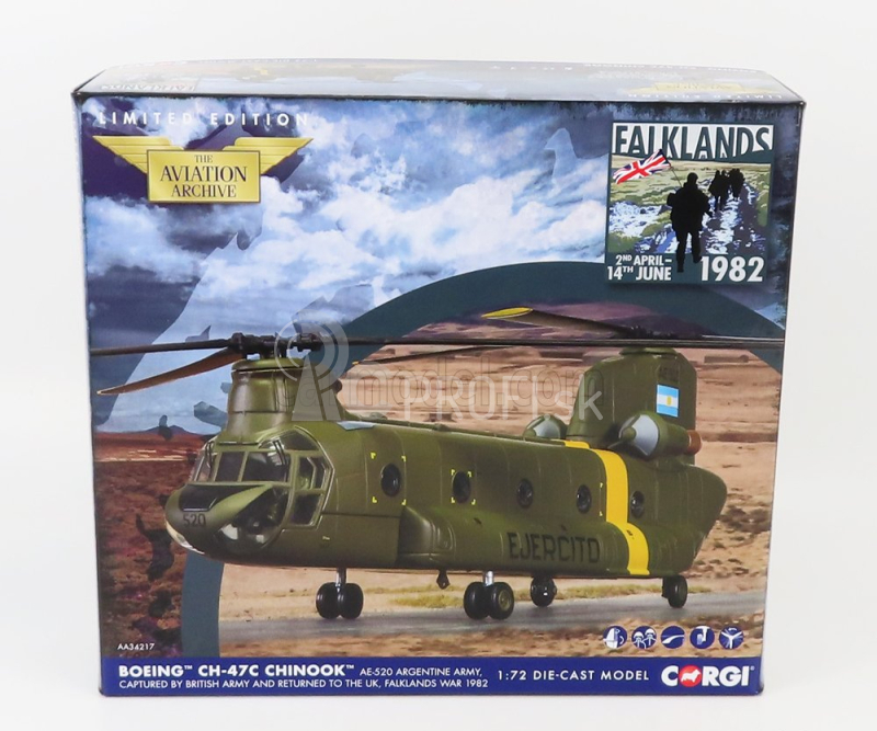 Corgi Boeing Ch-47 Chinook Helicopter Ae-520 Argentínska armáda Falklandská vojna 1982 1:72 Vojenská zelená