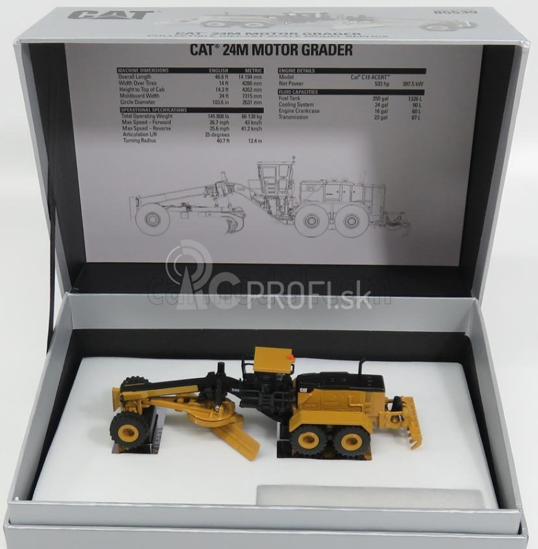 Dm-models Caterpillar Cat24m Ruspa Livellatrice Gommata - škrabací traktor, motorový grejder 1:125 žltá čierna