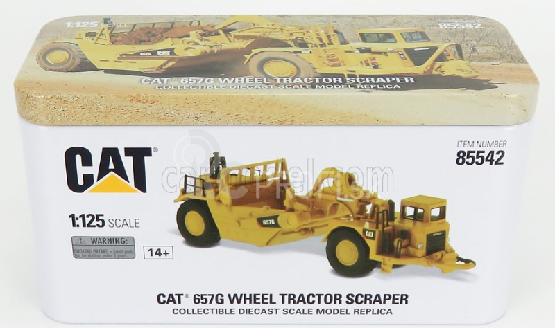 Dm-models Caterpillar Cat657g Ruspa Gommata - kolesový traktor so škrabákom 1:125 žltá čierna