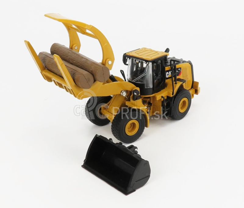 Dm-models Caterpillar Cat950m Ruspa Gommata - škrabací traktor kolesový nakladač s vidlicami na kmene 1:64 žltá čierna