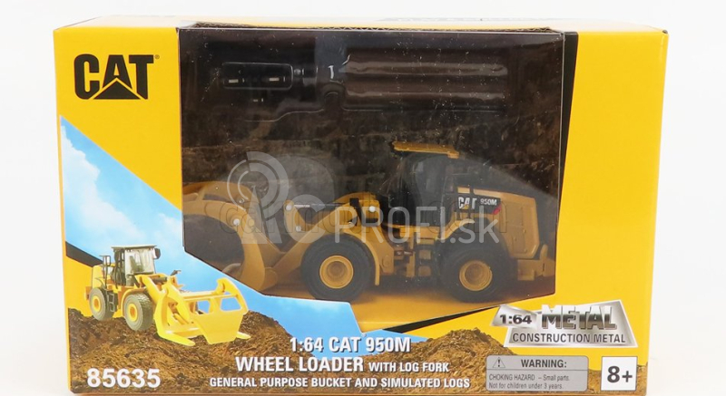 Dm-models Caterpillar Cat950m Ruspa Gommata - škrabací traktor kolesový nakladač s vidlicami na kmene 1:64 žltá čierna