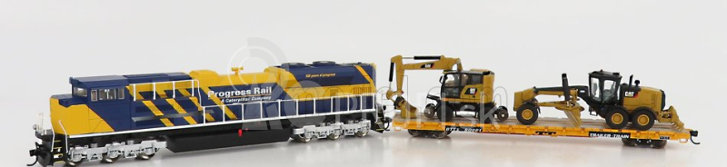 Dm-models Caterpillar Ho - Progress Rail Train Set - Sd70ace Locomotive With Trailer Train + Cat12m3 Ruspa Livellatrice Gommata - Scraper Tractor Motor Grader - Catm323f Escavatore Gommato Su Rotaie Ferroviarie - Tractor Hydraulic Excavator Scraper 1:87 Yellow Black