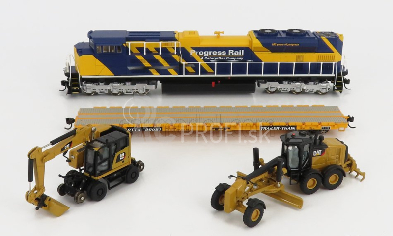 Dm-models Caterpillar Ho - Progress Rail Train Set - Sd70ace Locomotive With Trailer Train + Cat12m3 Ruspa Livellatrice Gommata - Scraper Tractor Motor Grader - Catm323f Escavatore Gommato Su Rotaie Ferroviarie - Tractor Hydraulic Excavator Scraper 1:87 Yellow Black