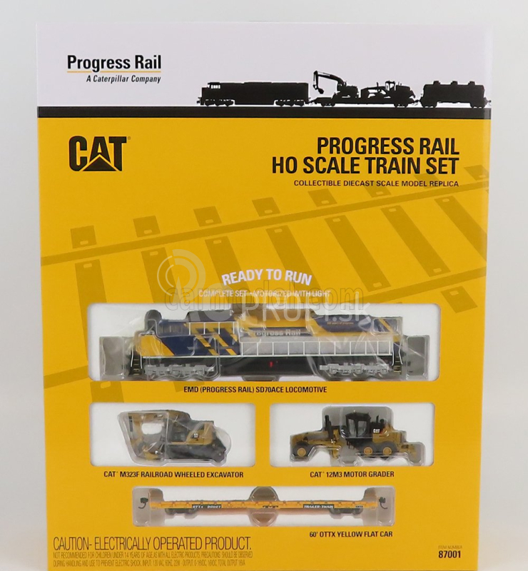 Dm-models Caterpillar Ho - Progress Rail Train Set - Sd70ace Locomotive With Trailer Train + Cat12m3 Ruspa Livellatrice Gommata - Scraper Tractor Motor Grader - Catm323f Escavatore Gommato Su Rotaie Ferroviarie - Tractor Hydraulic Excavator Scraper 1:87 Yellow Black