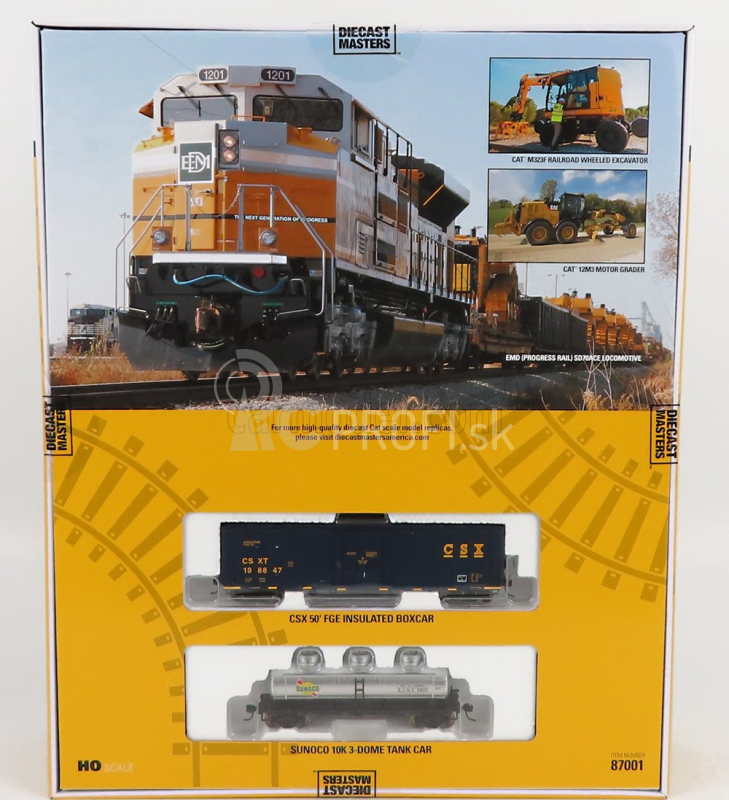 Dm-models Caterpillar Ho - Progress Rail Train Set - Sd70ace Locomotive With Trailer Train + Cat12m3 Ruspa Livellatrice Gommata - Scraper Tractor Motor Grader - Catm323f Escavatore Gommato Su Rotaie Ferroviarie - Tractor Hydraulic Excavator Scraper 1:87 Yellow Black