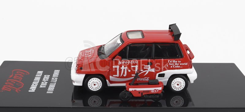 Drobné hračky Honda City Turbo Ii Coca-cola The Real Thing 1981 s Motocompo - Motocykel 1:64 Červená biela