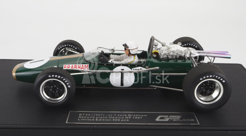 Gp-replika Brabham F1 Bt24 Repco N 1 2nd Mexico Gp (s figúrkou pilota) 1967 Jack Brabham - Con Vetrina - s vitrínou 1:18 Green Gold