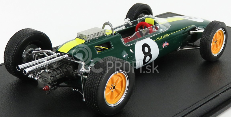 Gp-replika Lotus F1 Climax 25 N 8 Víťaz majstrovstiev sveta Taliansko Gp 1963 Jim Clark - Con Vetrina - S vitrínou 1:18 Zelená Žltá