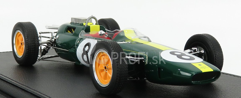 Gp-replika Lotus F1 Climax 25 N 8 Víťaz majstrovstiev sveta Taliansko Gp 1963 Jim Clark - Con Vetrina - S vitrínou 1:18 Zelená Žltá