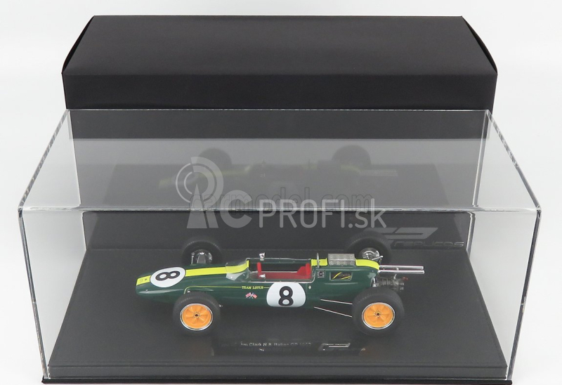 Gp-replika Lotus F1 Climax 25 N 8 Víťaz majstrovstiev sveta Taliansko Gp 1963 Jim Clark - Con Vetrina - S vitrínou 1:18 Zelená Žltá