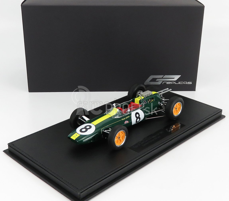 Gp-replika Lotus F1 Climax 25 N 8 Víťaz majstrovstiev sveta Taliansko Gp 1963 Jim Clark - Con Vetrina - S vitrínou 1:18 Zelená Žltá