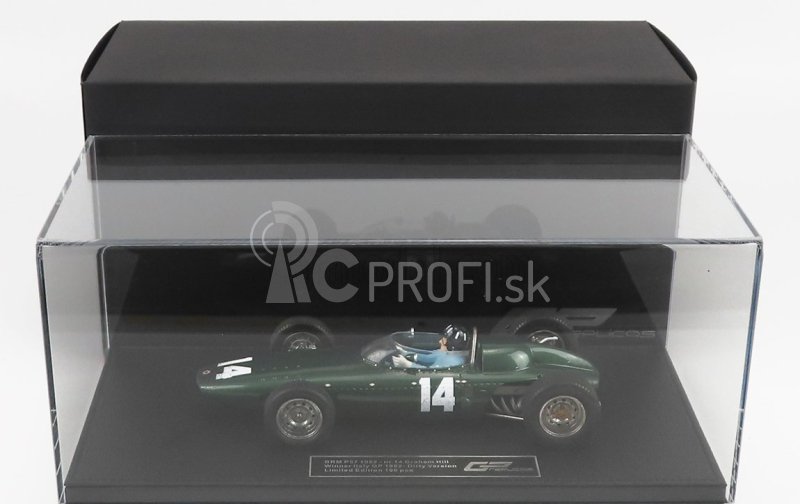 Gp-repliky BRM F1 P57 Brm Team N 14 Winner Italian Gp Monza World Champion (with Pilot Figure - Dirty Version) 1962 Graham Hill - Con Vetrina - With Showcase 1:18 Green Met