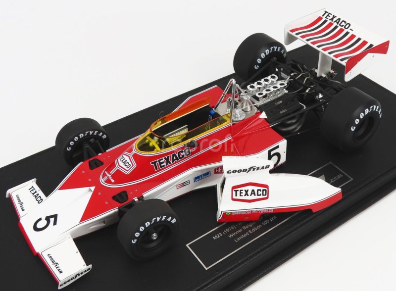 Gp-repliky Mclaren F1 M23 Ford Texaco N 5 Víťaz belgických pretekov Emerson Fittipaldi 1974 Majster sveta 1:18 Červená biela