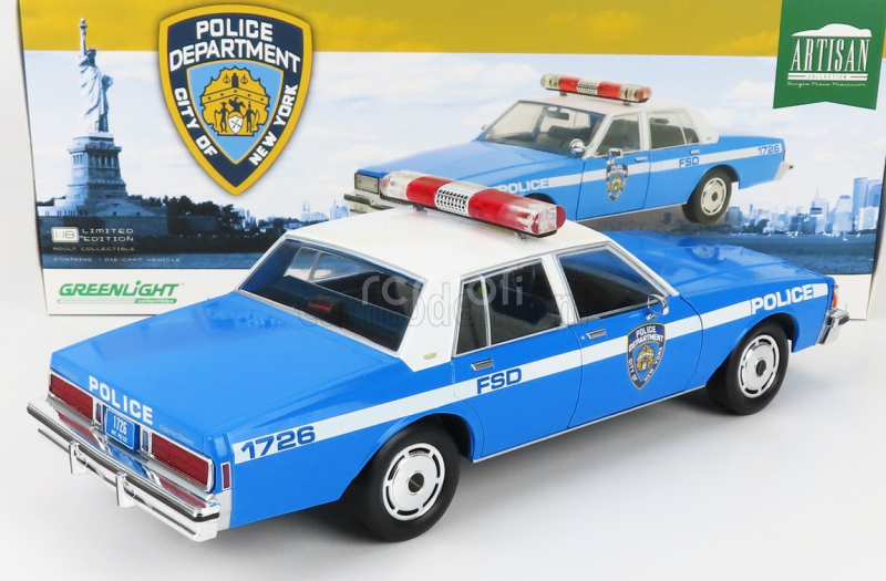 Greenlight Chevrolet Caprice Police New York City Departiment 1990 1:18 Svetlomodrá Biela