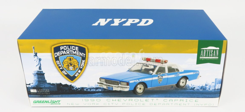 Greenlight Chevrolet Caprice Police New York City Departiment 1990 1:18 Svetlomodrá Biela