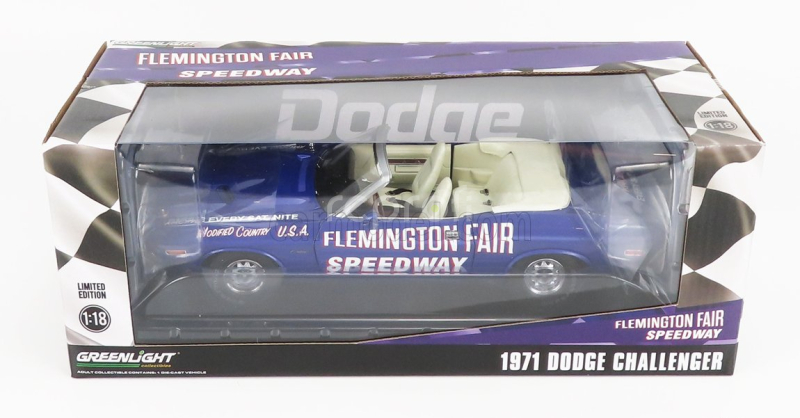 Greenlight Dodge Challenger Cabriolet Open Official Pace Car Flemington Fair Speedway 1971 1:18 Purple