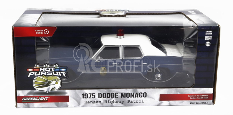 Greenlight Dodge Monaco Kansas Highway Patrol Police 1975 1:24 Modrá biela