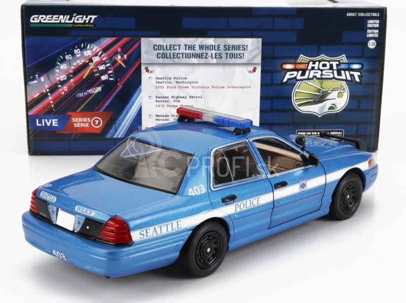 Greenlight Ford usa Crown Victoria Police Interceptor Seattle 2001 1:24 modrá biela