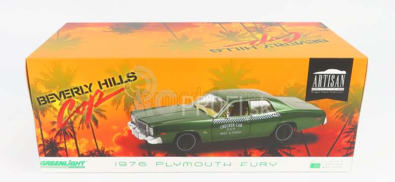 Greenlight Plymouth Fury Checker Taxi 1976 - Beverly Hills Cop 1:18 Green Met